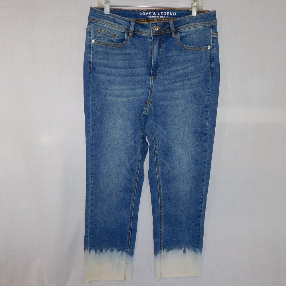Love & Legend Demin High Waist Crop Raw Hem Dyed Ankle blue mom Jeans Womens 14